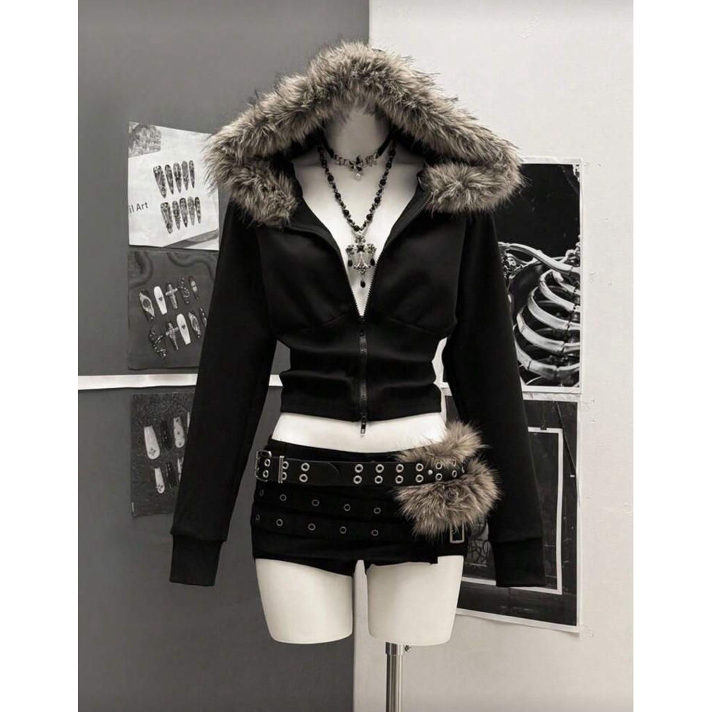 StreetHx Women Streetwear Hooded Fur Collar Fitted Long Sleeve Jacket, Autumn