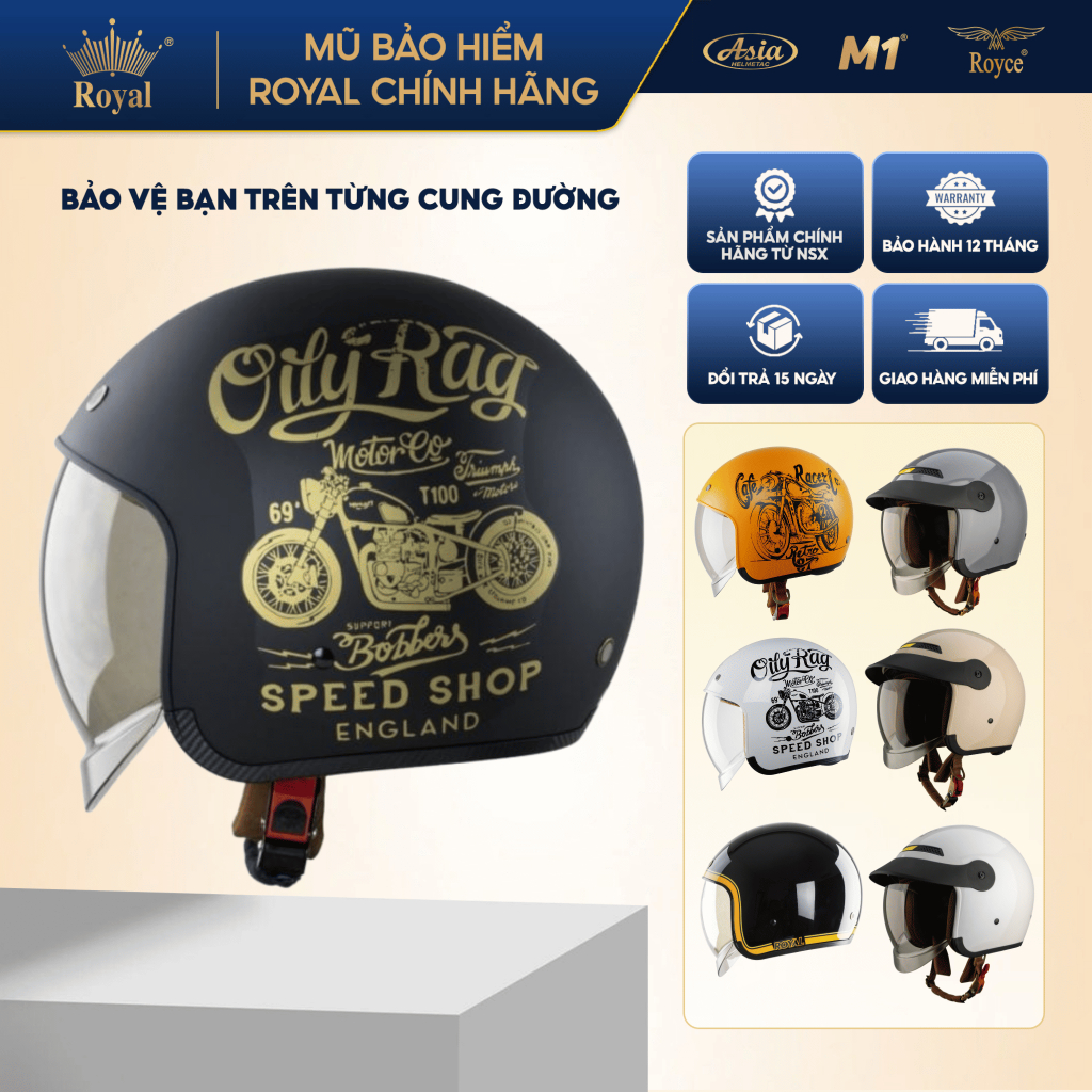 Mũ bảo hiểm 3/4 Royal M139 Design M139 Lux mái lưỡi trai kính âm nam nữ đi xe máy - BH 12 tháng