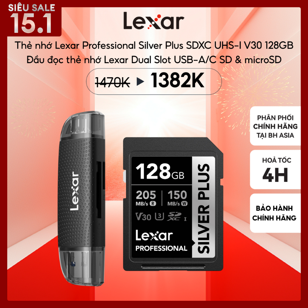 [COMBO] Thẻ nhớ Lexar Professional Silver Plus SDXC UHS-I V30 128GB và Đầu đọc thẻ nhớ Lexar Dual Sl