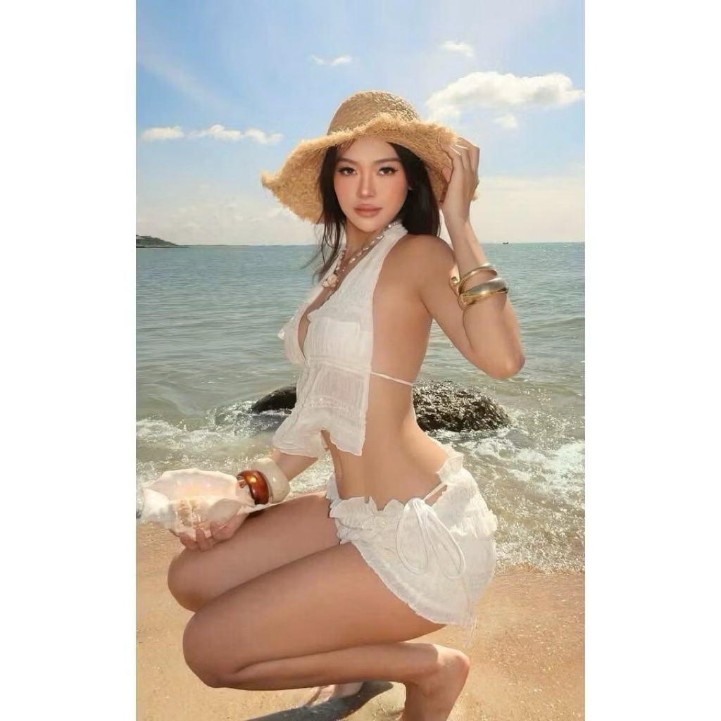 Yentrang bikini Áo yếm hở lưng voan nhún , quần short nhún ôm mông . set áo yếm đi biển( che tên) | BigBuy360 - bigbuy360.vn
