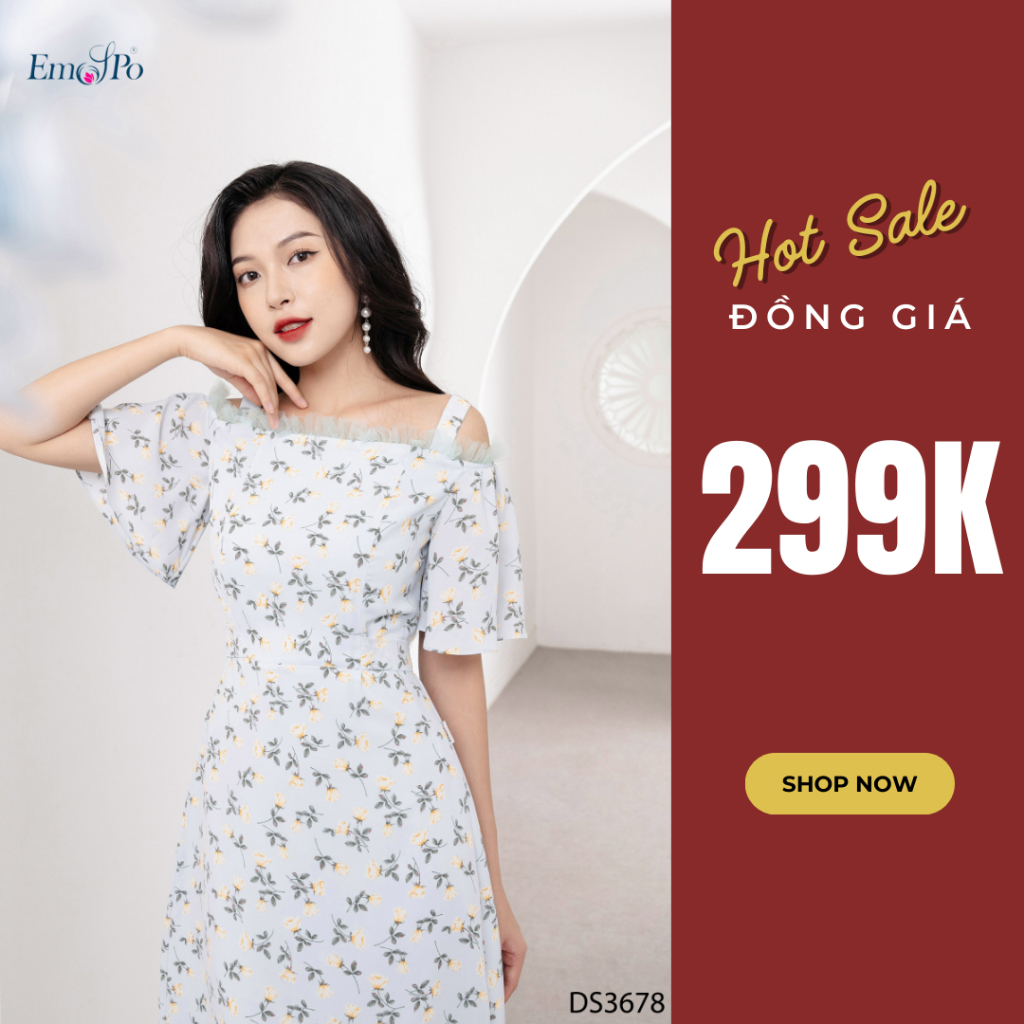 Đầm hoa xoè trễ vai, phối ren lưới Emspo DS3678