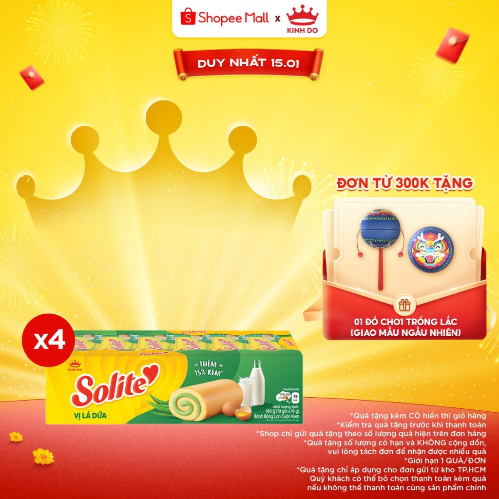 Combo 4 Hộp Bánh Bông Lan Solite Cuộn Kem Vị Lá Dứa 180g