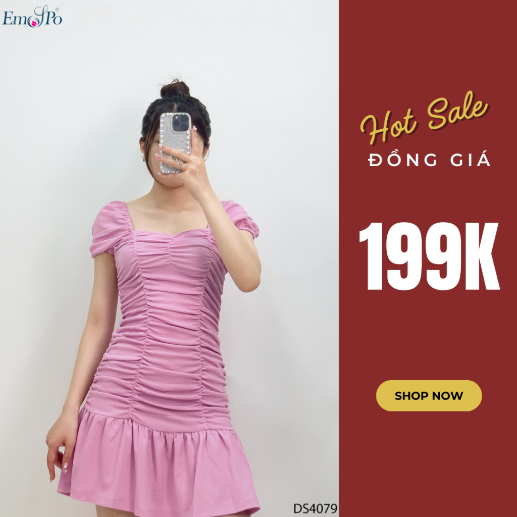 Đầm ôm cổ vuông, đuôi cá, rúm chun dọc thân Emspo DS4079