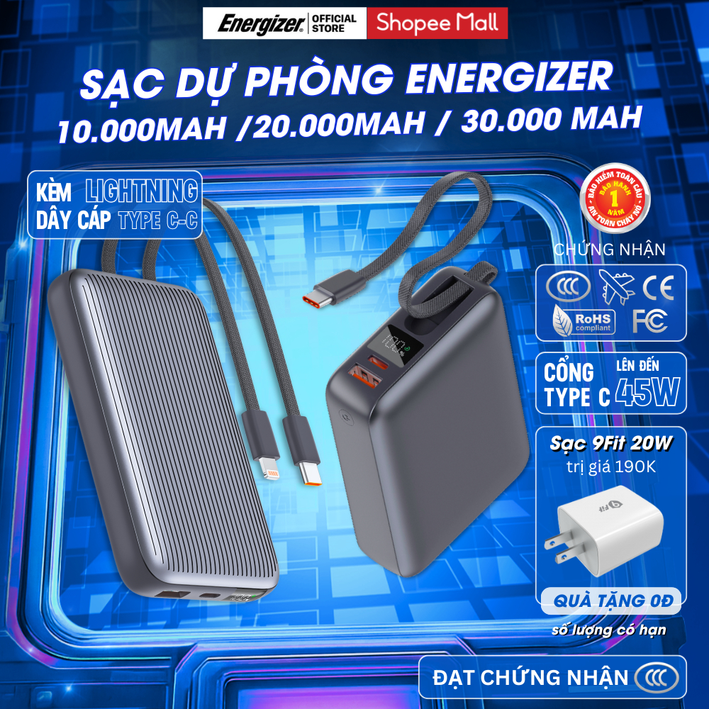 [Chứng Nhận CCC] Sạc Dự Phòng Energizer 10000mah/ 20000mah/ 30000mAh - 22.5W, Sạc nhanh PD, Chính Hãng, Bảo Hành 1 Năm