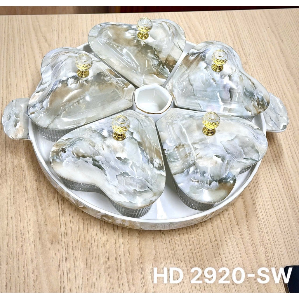 Khay Mứt Sứ Vân Đá - Khay Sứ 5 Hũ Trái Tim Kèm Khay Xoay Sang Trọng - Decor Tết-2920