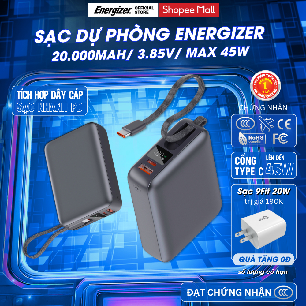 Sạc Dự Phòng Energizer 20,000mAh/ 45W, Chứng Nhận CCC, Sạc Nhanh PD, Chính Hãng, Bảo Hành 1 Năm