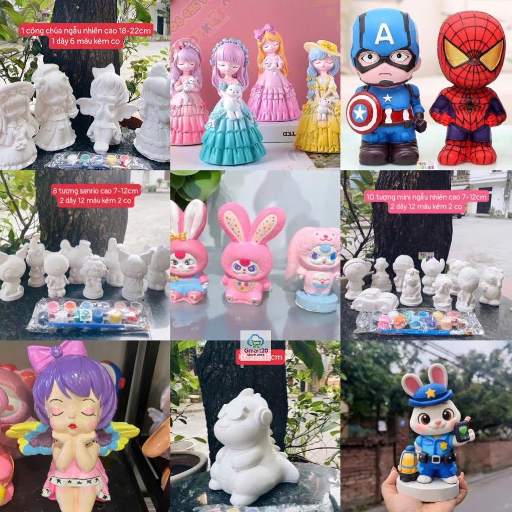 Set tô tượng thạch cao kèm màu và bút vẽ, combo 10 tượng mini, tượng siêu nhân, công chúa, tượng labubu... size to
