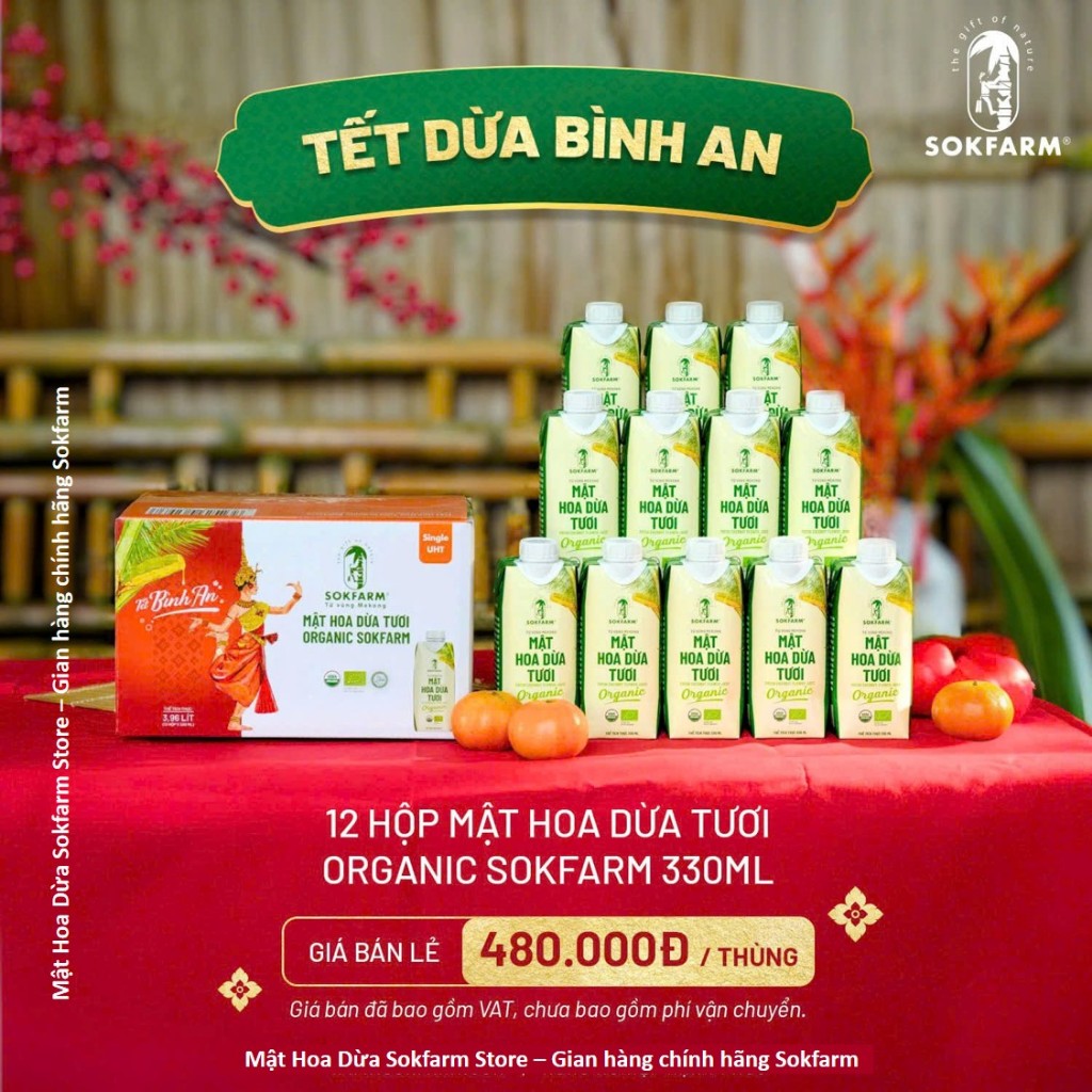 Mật hoa dừa tươi organic sokfarm 330ml hộp giấy UHT fresh coconut flower juice organic sokfarm