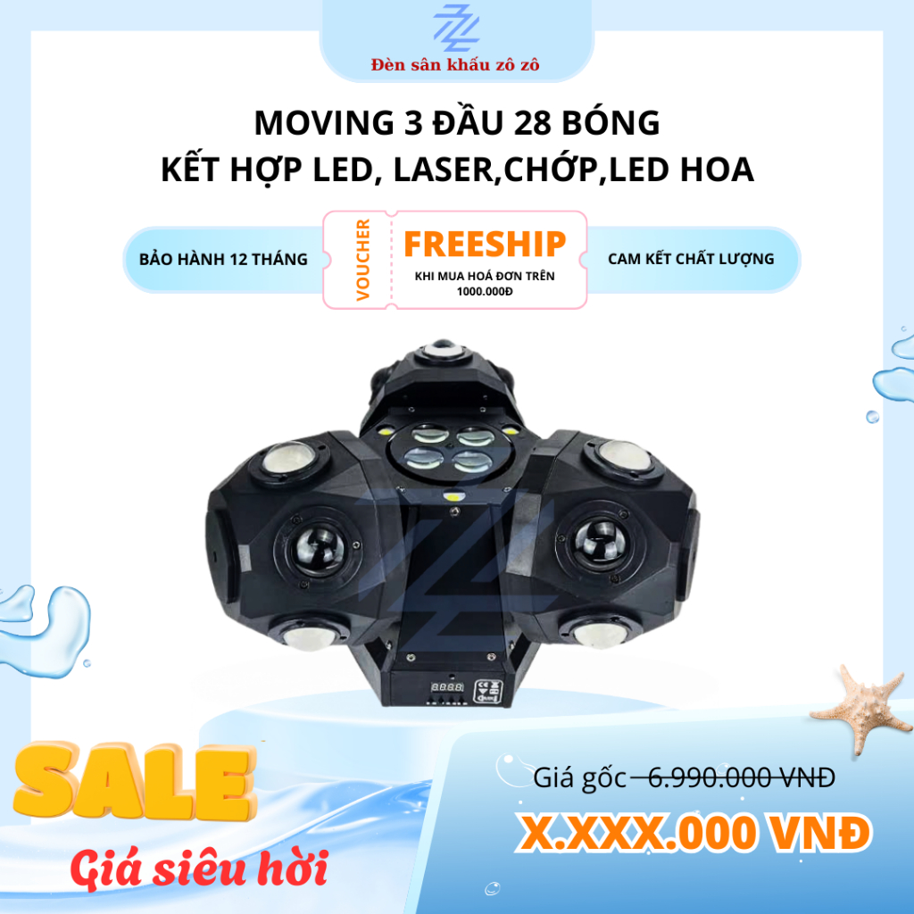 Moving 3 đầu 28 bóng kết hợp led, laser,chớp,led hoa