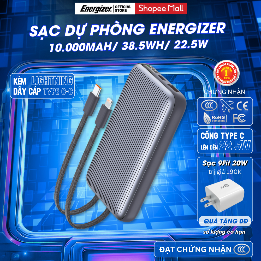 [ Chứng Nhận CCC ] Sạc Dự Phòng Energizer 10000mAh/ 22.5W, Tích Hợp Cáp Lightning/ Type-C, Chính Hãng, Bảo hành 1 năm
