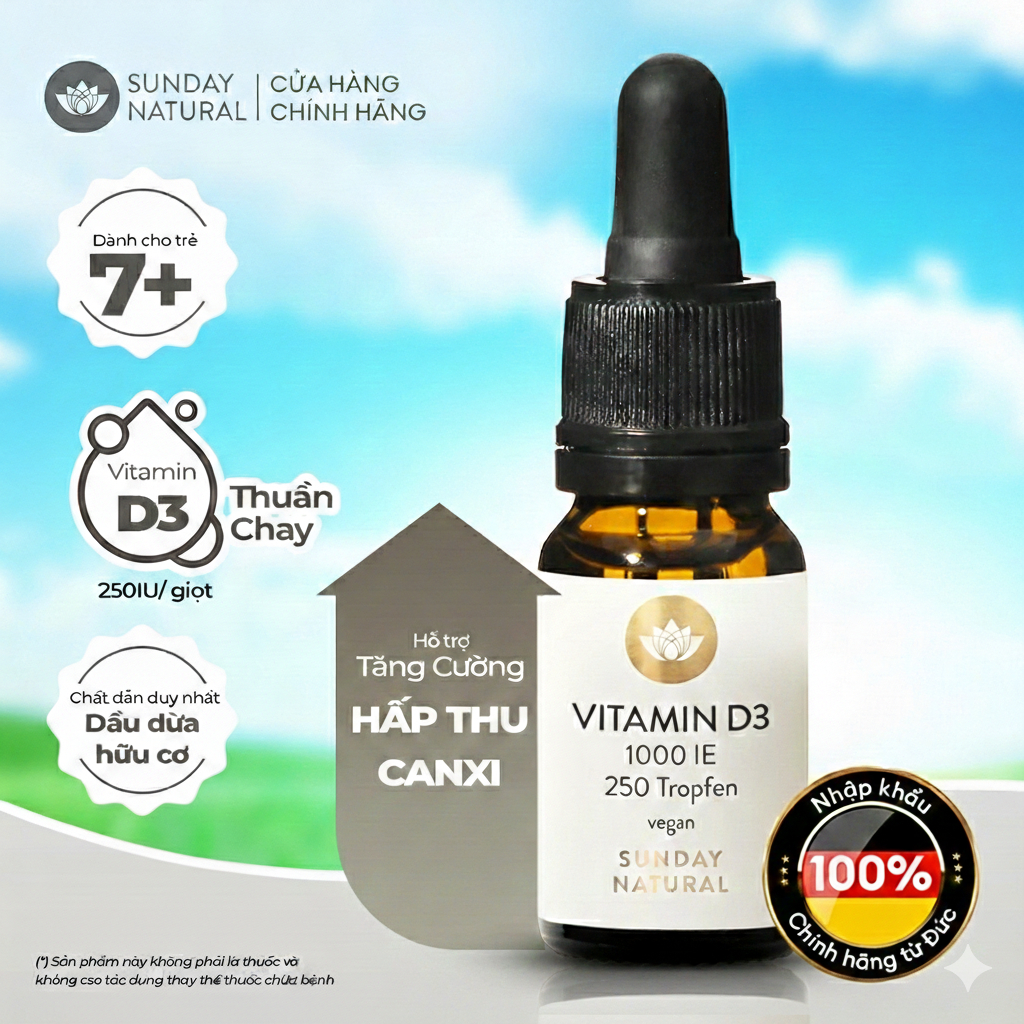 Vitamin D3 Sunday Natural tăng hấp thu canxi Cho TRẺ TỪ 7 TUỔI VÀ NGƯỜI LỚN, D3 liều cao thuần chay 