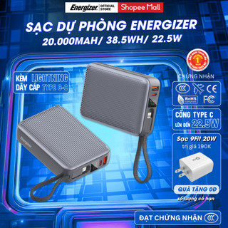 Sạc dự phòng energizer 20.000mah /3.85v li-polymer, chứng nhận ccc, 4 cổng sạc ra, chính hãng, bảo hành 1 năm