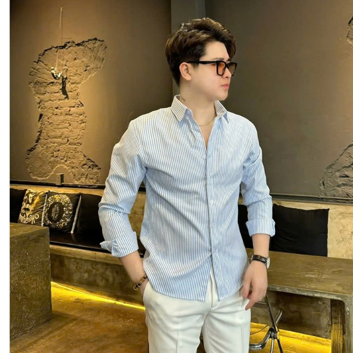 Áo Sơ Mi TN Luxury Kẻ Sọc, Cổ Áo Có Khuy Cài