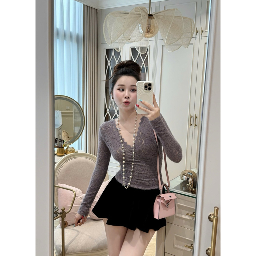 Áo Ren Nữ Tay Dài Cổ V Gợi Cảm, Áo Ôm Body Tôn Dáng, Phong Cách Tiểu Thư Sang Trọng | BigBuy360 - bigbuy360.vn