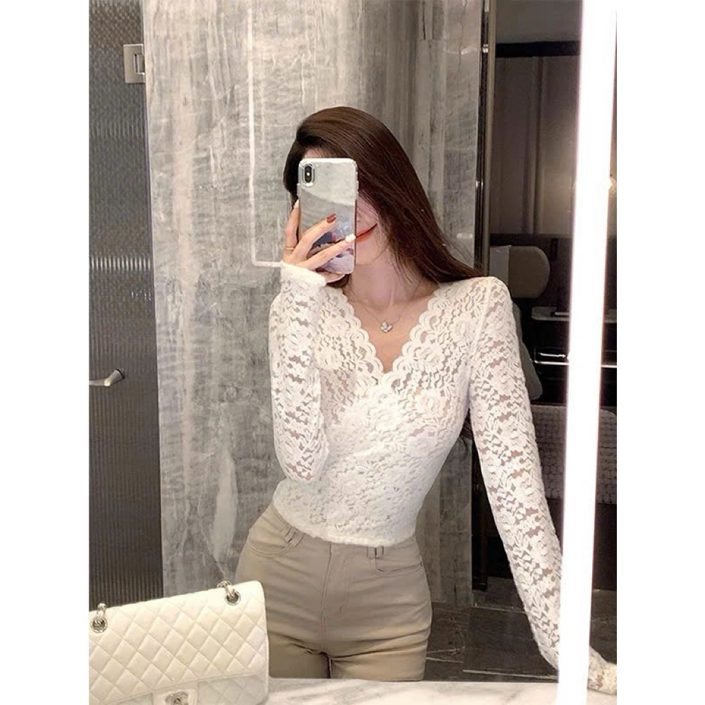 Áo Ren Nữ Tay Dài Cổ V Gợi Cảm, Áo Ôm Body Tôn Dáng, Phong Cách Tiểu Thư Sang Trọng | BigBuy360 - bigbuy360.vn