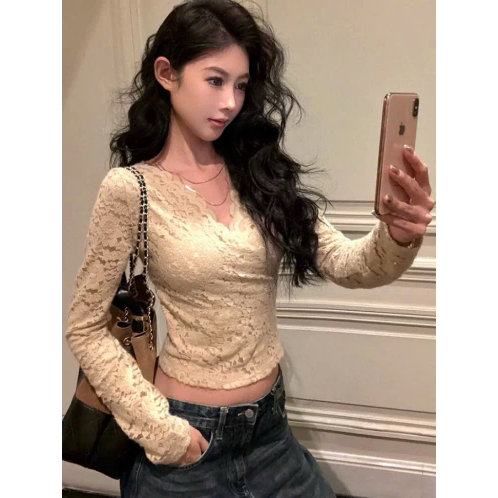 Áo Ren Nữ Tay Dài Cổ V Gợi Cảm, Áo Ôm Body Tôn Dáng, Phong Cách Tiểu Thư Sang Trọng | BigBuy360 - bigbuy360.vn