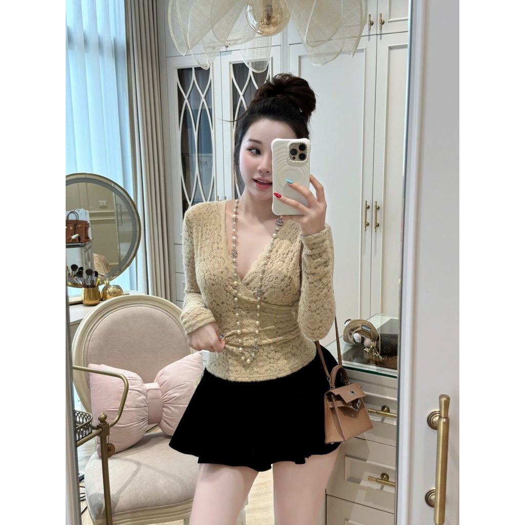 Áo Ren Nữ Tay Dài Cổ V Gợi Cảm, Áo Ôm Body Tôn Dáng, Phong Cách Tiểu Thư Sang Trọng