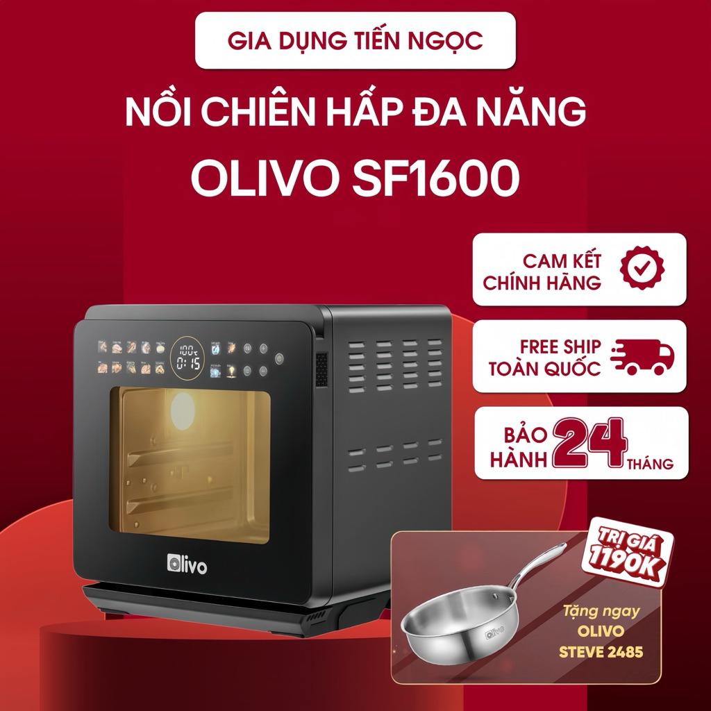 Nồi Chiên Hơi Nước OLIVO SF1600 16L – Màn Hình Cảm Ứng OLED, Công nghệ hấp Nano Steam - BH 2 Năm