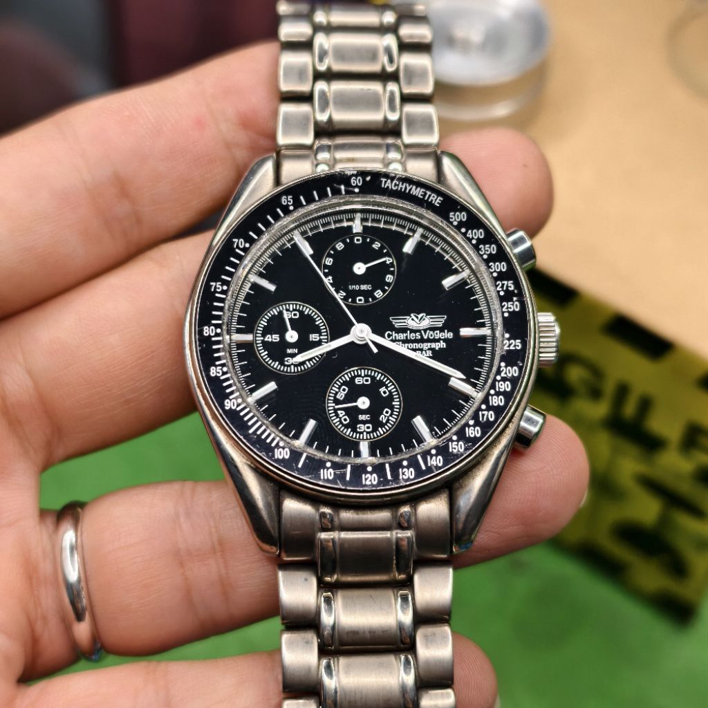 Đồng hồ nam Charles Vogele Chronograph Tachymetre mặt đen size 36mm