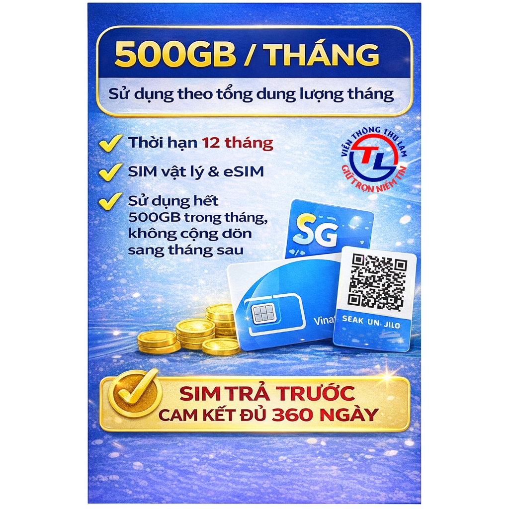 SIM VINAPHONE U1500 – 500GB/THÁNG – 12 THÁNG – 4G/5G – KHÔNG GIỚI HẠN THEO NGÀY – SIM VẬT LÝ & eSIM