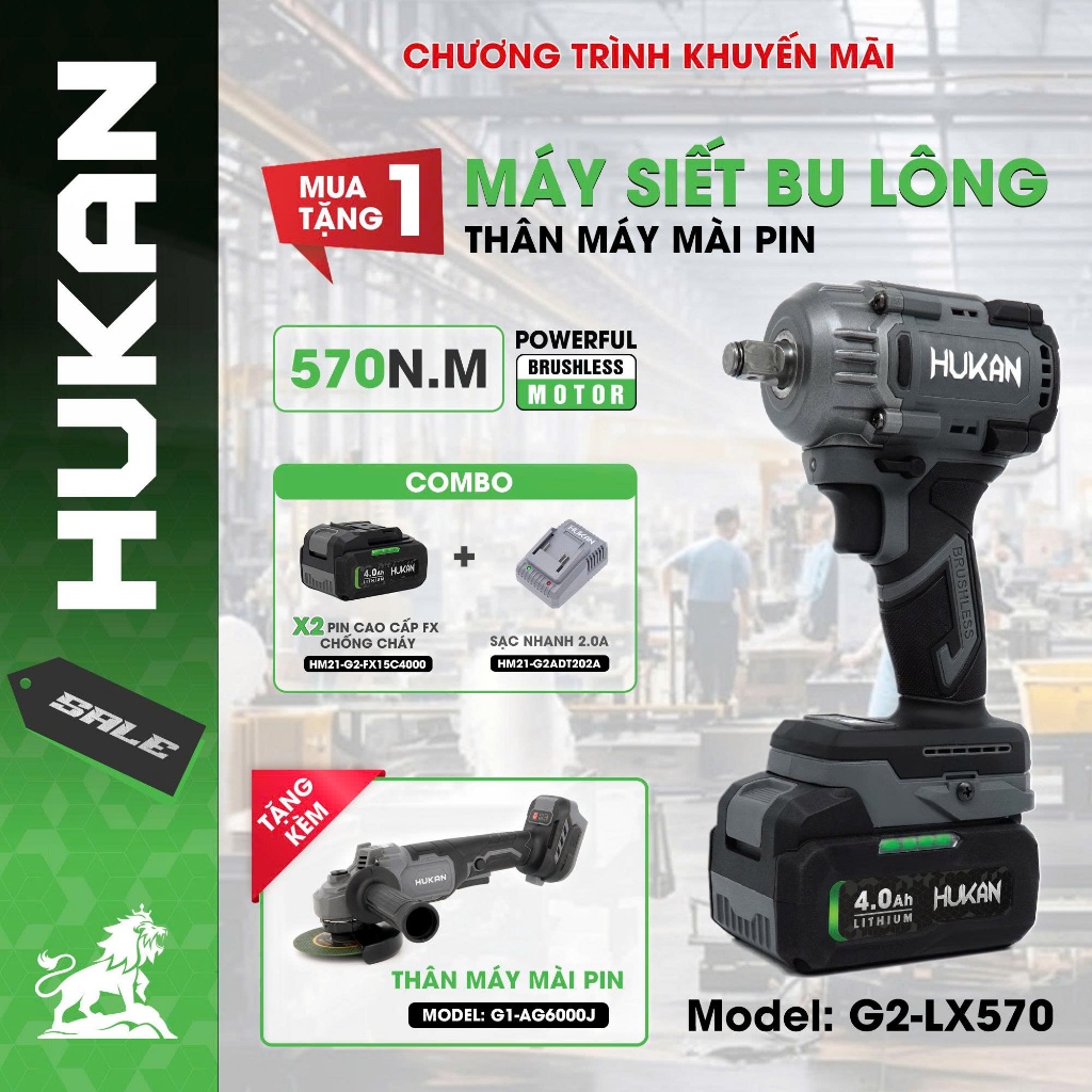 Máy siết bulong pin HUKAN G2-LX570,Lực siết 570N.m,Đầu T1/2,Bảo hành 12 tháng