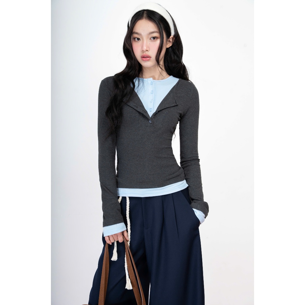 Áo thun layer tay dài cổ phối nút xám xanh dương - HOO DESIGN