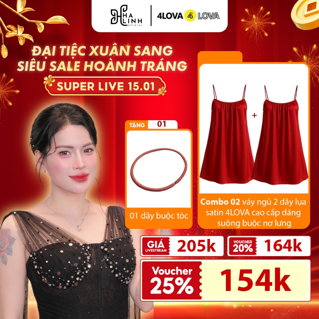 [Võ Hà Linh x 4LOVA4EVA] COMBO 2 Váy Ngủ 2 Dây Lụa Satin 4LOVA Cao Cấp Dáng Suông Buộc Nơ Lưng Kèm Q