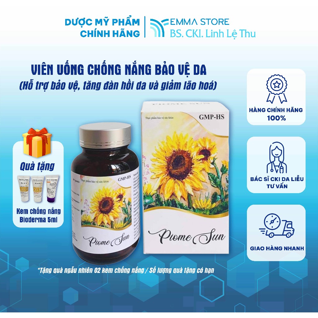 Viên Uống Chống Nắng Piome Sun, hỗ trợ bảo vệ da, giảm lão hóa và làm đẹp da (60 viên)