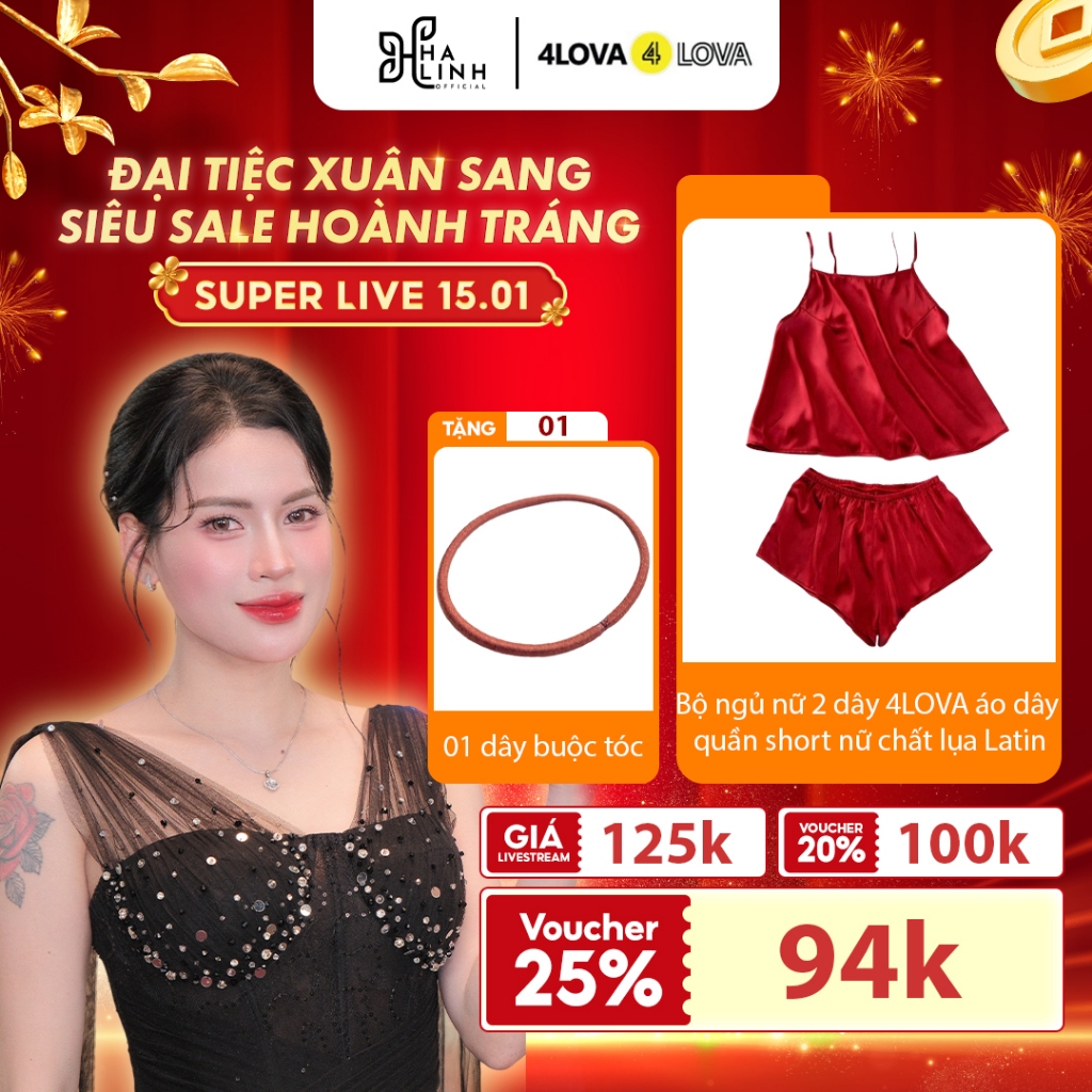 [Võ Hà Linh x 4LOVA4EVA]Bộ Ngủ Lụa Mặc Nhà Áo 2 Dây Quần Short Nữ Satin Cao Cấp Mềm Mại QT dây buộc 