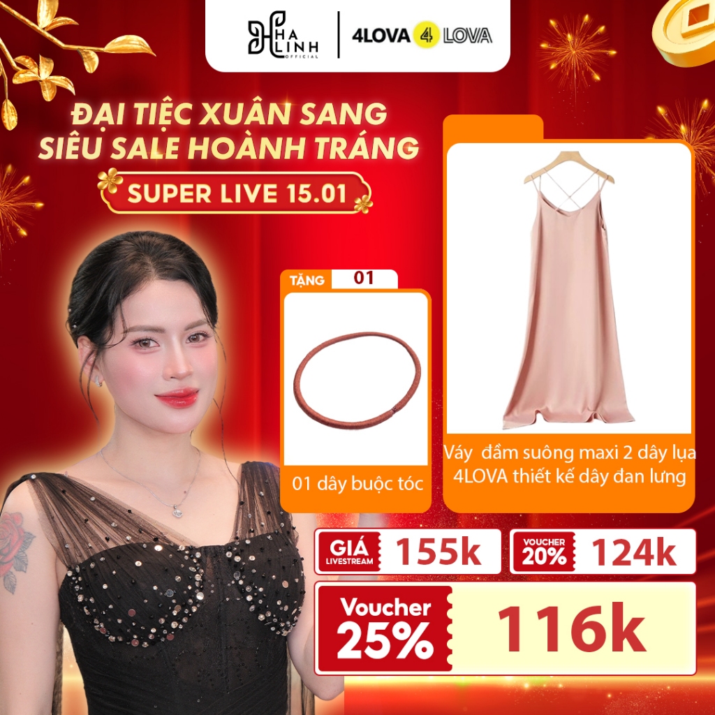 [Võ Hà Linh x 4LOVA4EVA] Váy Đầm Suông Maxi 2 Dây Lụa Thiết Kế Dây Đan Lưng Dáng Dài Lụa Satin Nhung