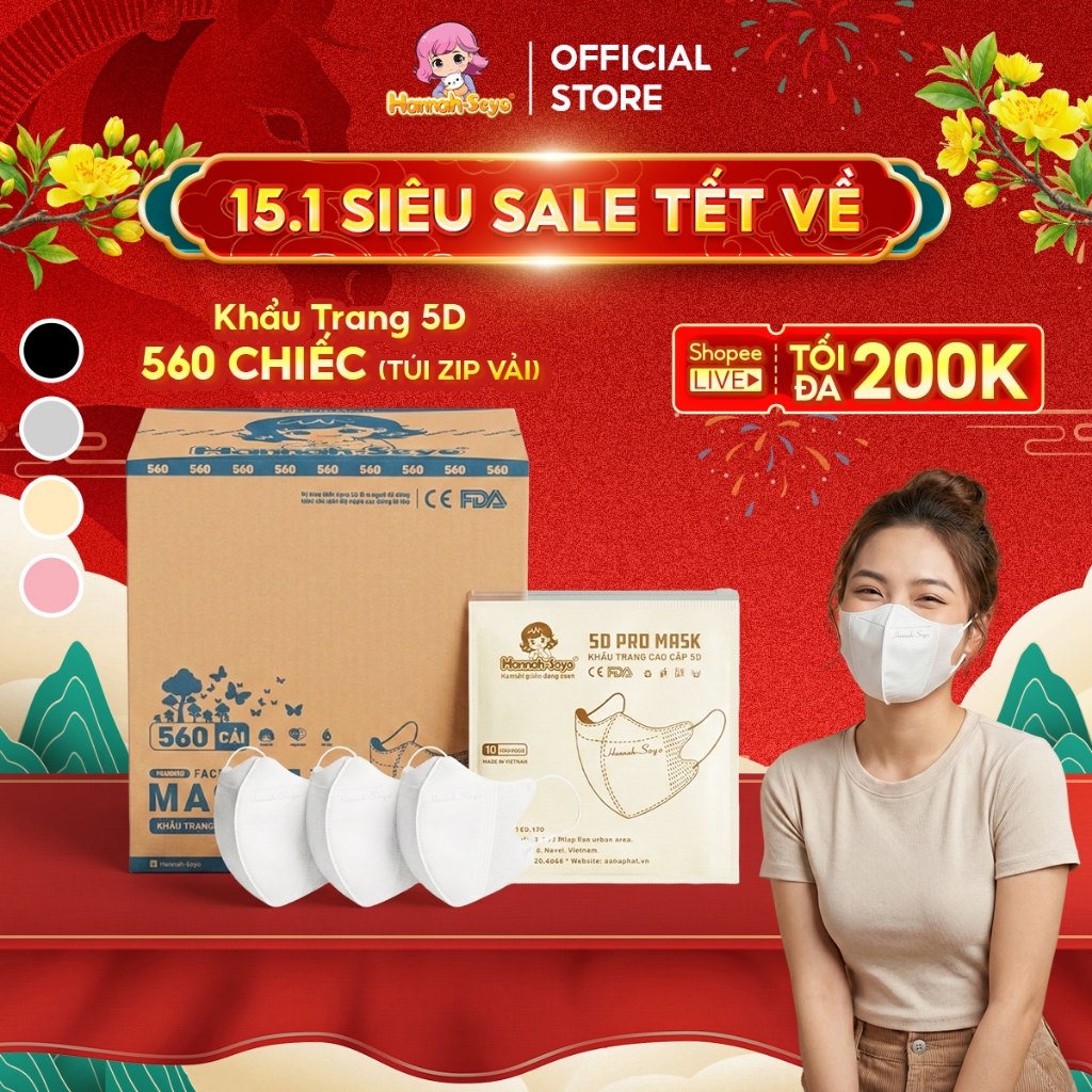 [Thùng 500/560 chiếc] Khẩu trang 5D chống tia UV, chống nắng, bụi mịn 3 lớp Hannah seyo
