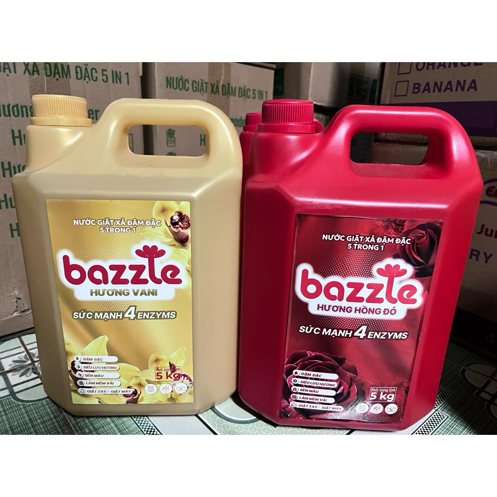 Bazzle Nước Giặt Xả Đậm Đặc 5 Trong 1 Hương Hồng Đỏ Sức Mạnh 4 Enzymes 5kg