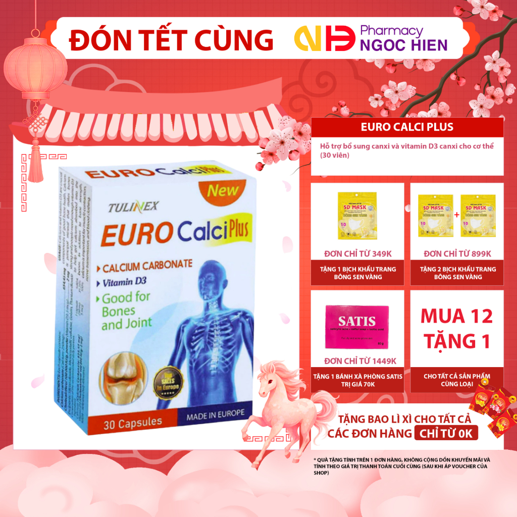EURO CALCI PLUS - Viên uống Bổ sung canxi và vitamin D3 canxi cho cơ thể (Hộp 30 viên)
