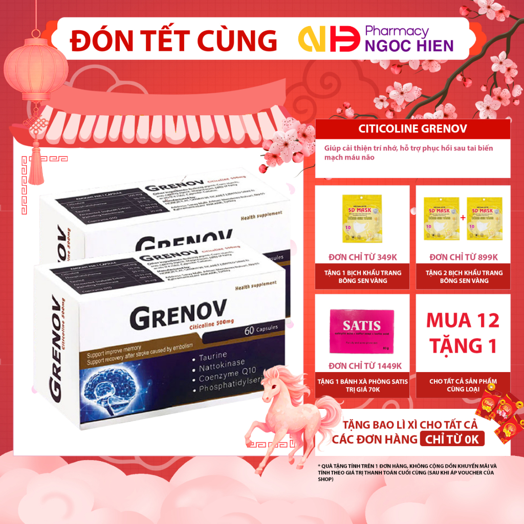 Viên bổ não Citicoline Grenov (500mg) – Giúp cải thiện trí nhớ, hỗ trợ phục hồi sau tai biến mạch má