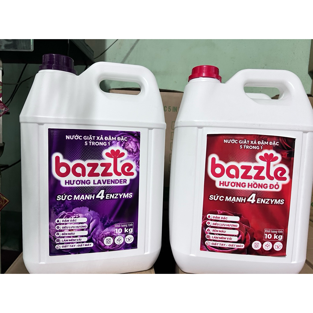 Bazzle Nước Giặt Xả Đậm Đặc 5 Trong 1 Hương Hồng Đỏ Sức Mạnh 4 Enzymes 10kg