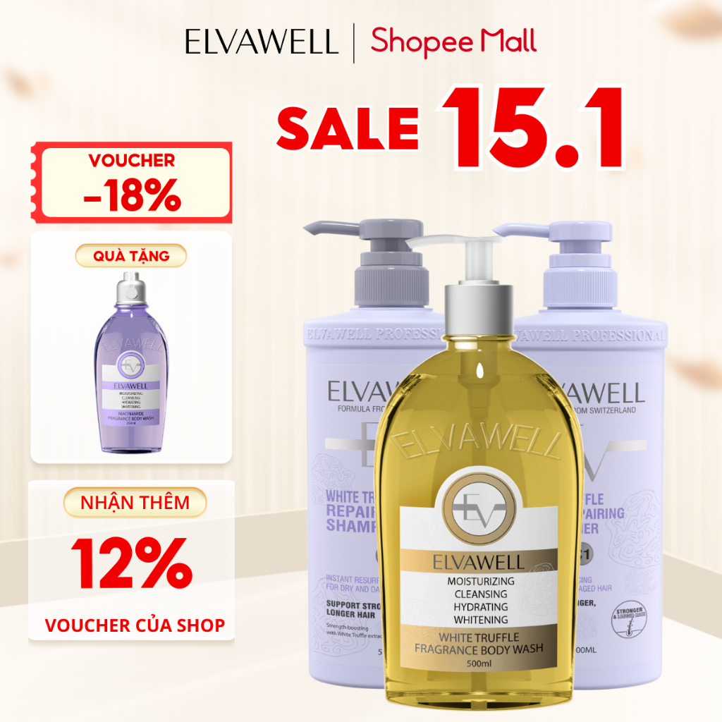 Combo Toàn Diện Elvawell - Dầu Gội, Dầu Xả Phục Hồi Hư Tổn + Sữa Tắm TẶNG KÈM 1 Sữa Tắm Evawell