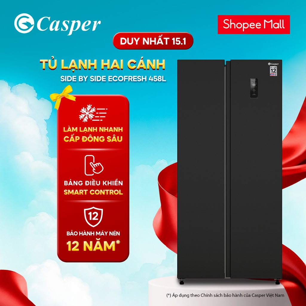 [KHÔNG GIAO MIỀN TRUNG] Tủ lạnh Side by Side Casper 458L RS-E460PBS11 - Inverter Tiết kiệm điện