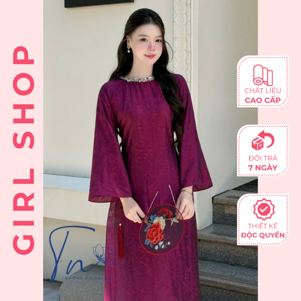 Áo Dài Thư Nhã Thiết Kế Cao Cấp Dáng Suông 2 Tà Cổ Tròn Sang Trọng Thanh Lịch GIRLSHOP