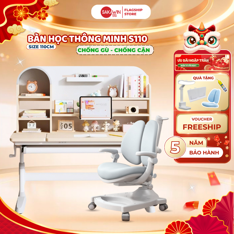 [MỚI 2025] Bộ Bàn Học Cho Bé Sakawin S110 Bàn học cao cấp chân thép dày dặn, Điều chỉnh nâng hạ chiề