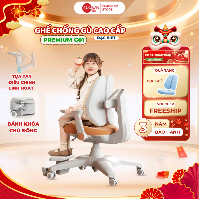 [Mẫu Mới 2026] Ghế học sinh cao cấp Sakawin Premium G01, Ghế chống gù thế hệ mới Điều chỉnh dáng ngồ
