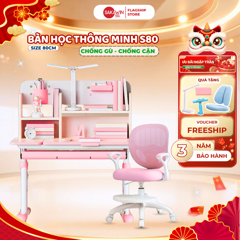 Bộ bàn ghế học sinh cao cấp Sakawin S80  Nâng hạ tay quay tiện lợi Mặt bàn nâng nghiêng.