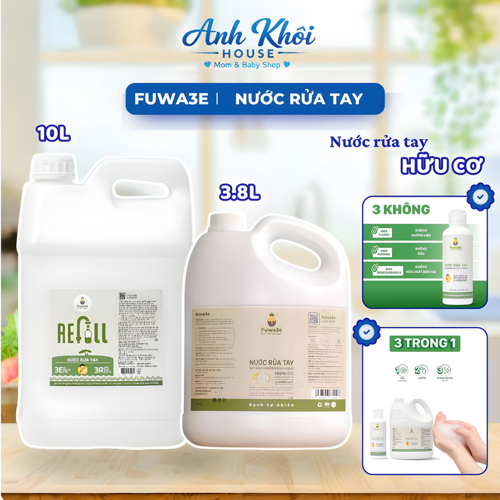 FUWA3E | Nước Rửa Tay Hữu Cơ Fuwa3e 3.8L & 10L, Enzyme Sinh Học Tinh Dầu Quýt Diệt Khuẩn, Dịu Nhẹ, B