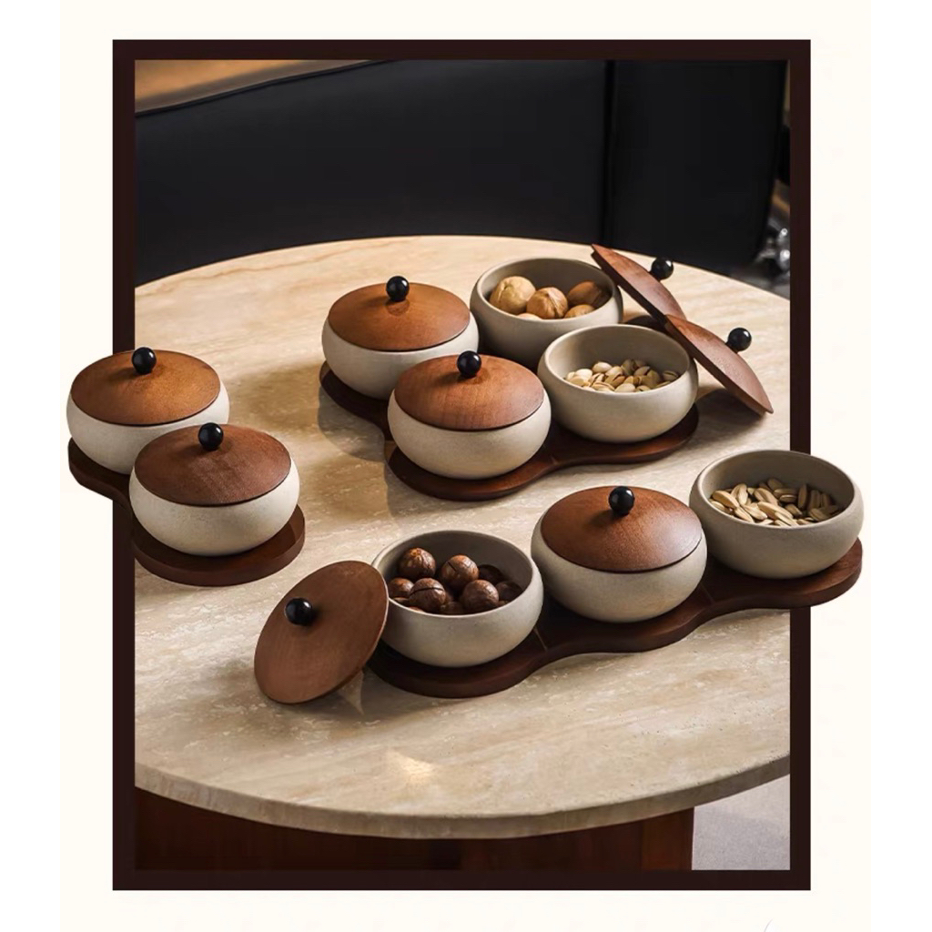 Set khay 2 & 4 hũ gốm mộc phong cách wabi - sabi retro đựng bánh kẹo, mứt hạt, trái cây sấy. Hũ gốm 