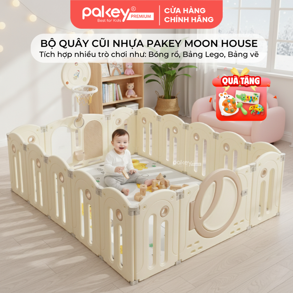 Bộ Quây Cũi Nhựa Pakey Premium Moon House Cho Bé, Tích Hợp Bảng Lego Kèm Bảng Vẽ Giúp Bé Phát Triển 