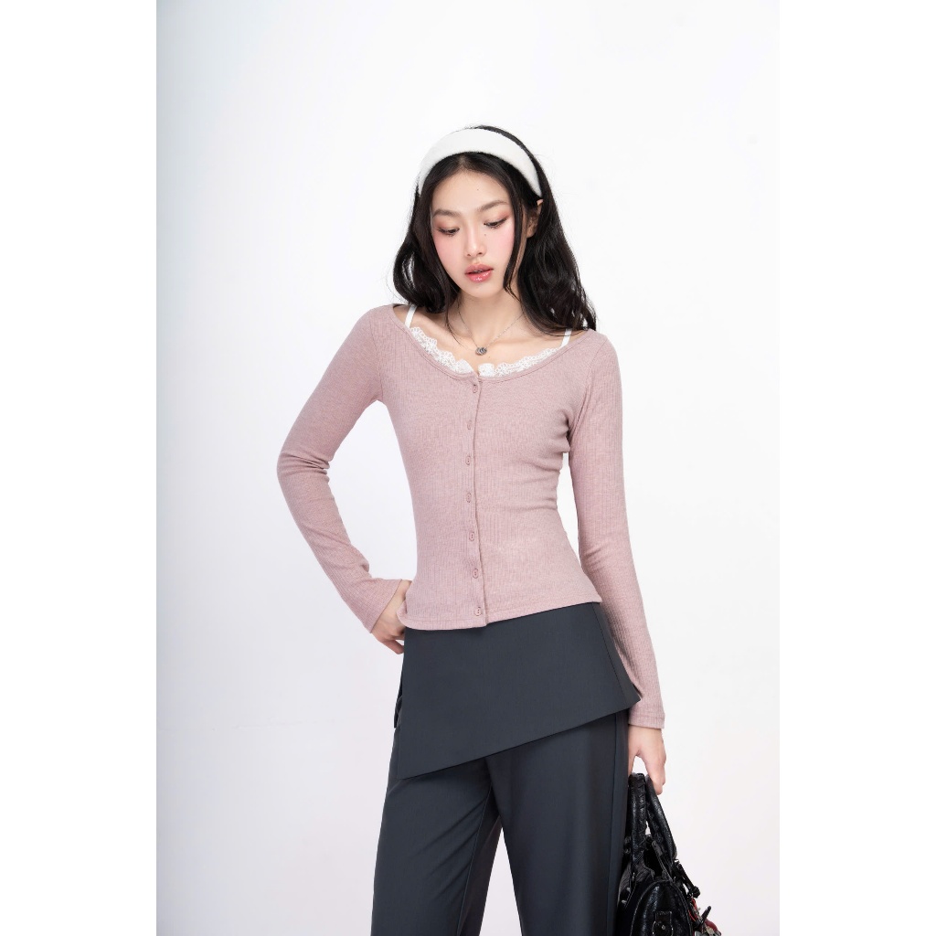 Áo thun tay dài màu hồng phối ren trắng Lucy Top - HOO DESIGN