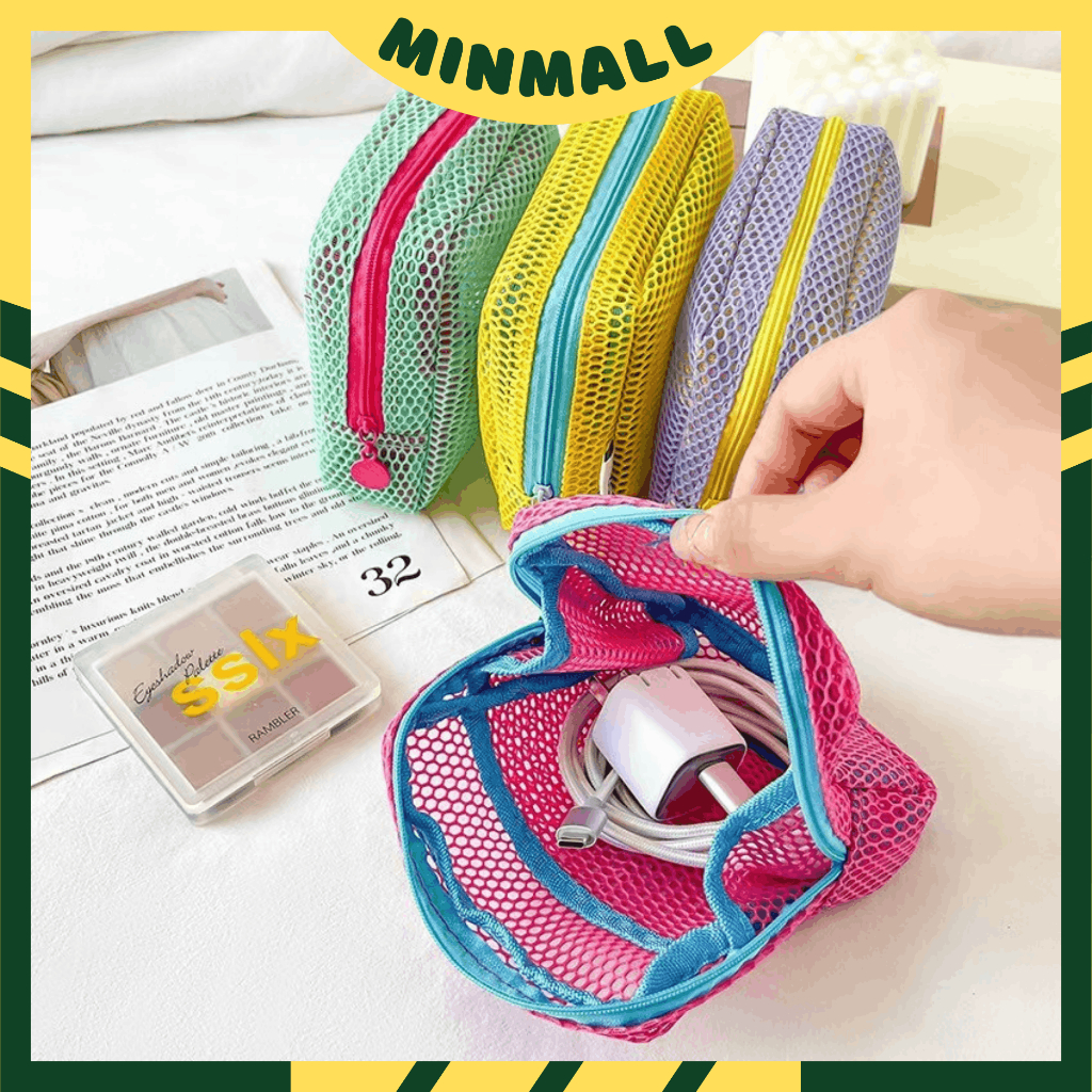 Túi Lưới Mini Đựng Mỹ Phẩm Nhỏ Gọn Cầm Tay Nhiều Màu Kèm Móc Khóa