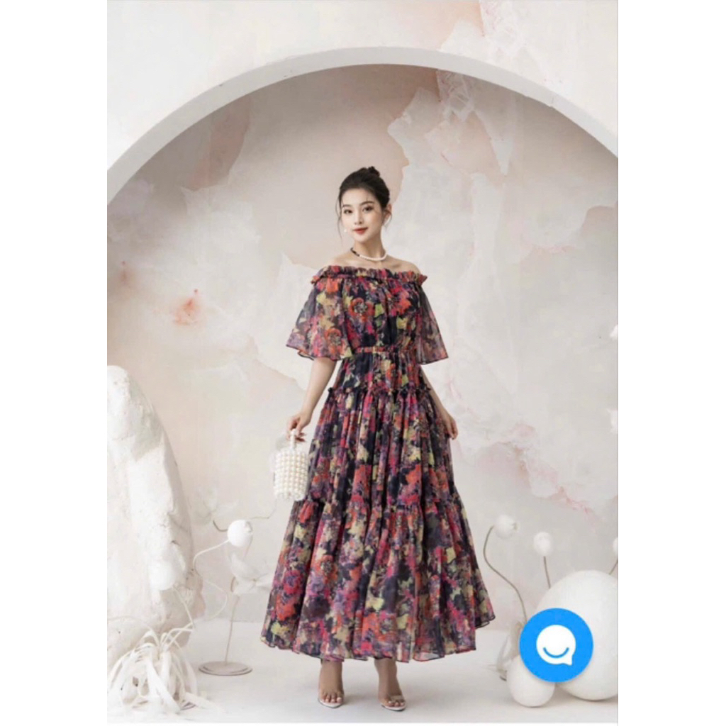 [NEW - BRAND ELISE VIỆT NAM] Đầm Maxi Tơ  Hoa Đen Trễ Vai - Thời trang nữ thanh lịch / Đầm tiệc, biể