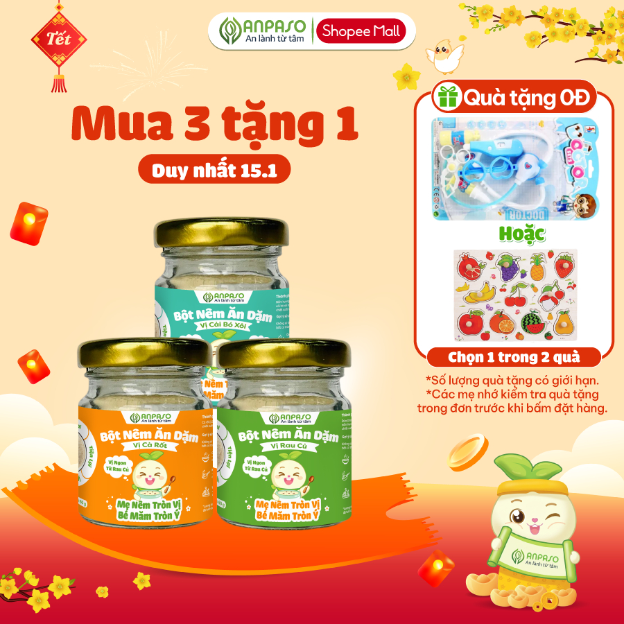 Combo 3 Bột Nêm Ăn Dặm Anpaso Cho Bé: Rau Củ, Nấm Hương, Cà Rốt, Măng Tây, Cải Bó Xôi và Rong Biển 60g