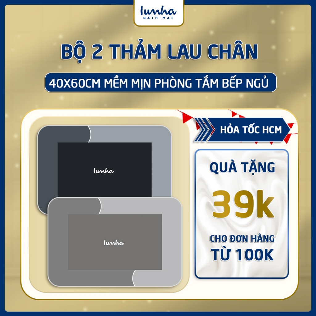 Bộ 2 thảm 40x60 iunha phòng tắm bếp ngủ iu Nhà 100% Vải thấm hút chống trơn, thảm gia đình, homestay