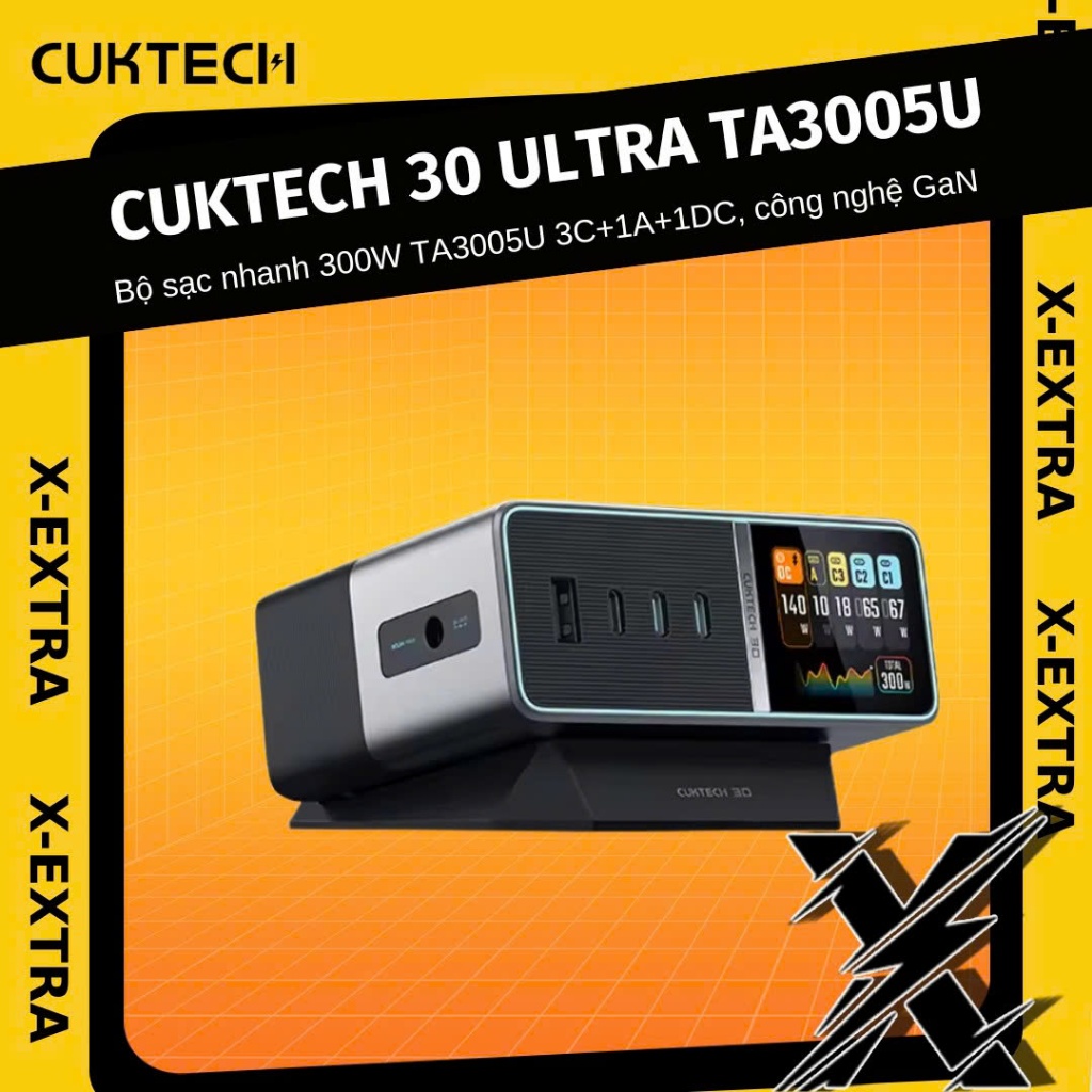 Bộ Sạc Nhanh Cuktech 30 Ultra 300w TA3005U 3C+1A+1DC, công nghệ GaN, màn hình hiển thị chi tiết